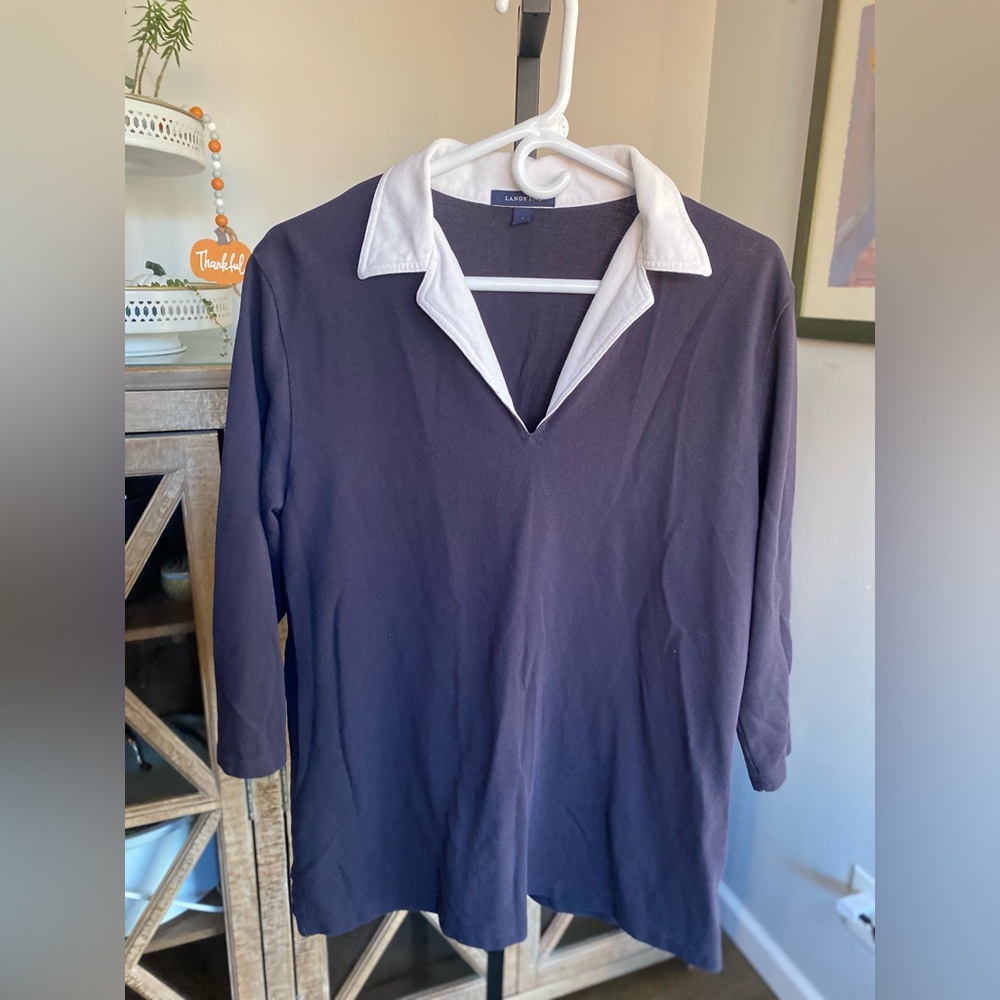 VINTAGE PREPPY LANDS END PREPPY QUARTER SLEEVE NAVY WHITE COLLAR TOP SAILER